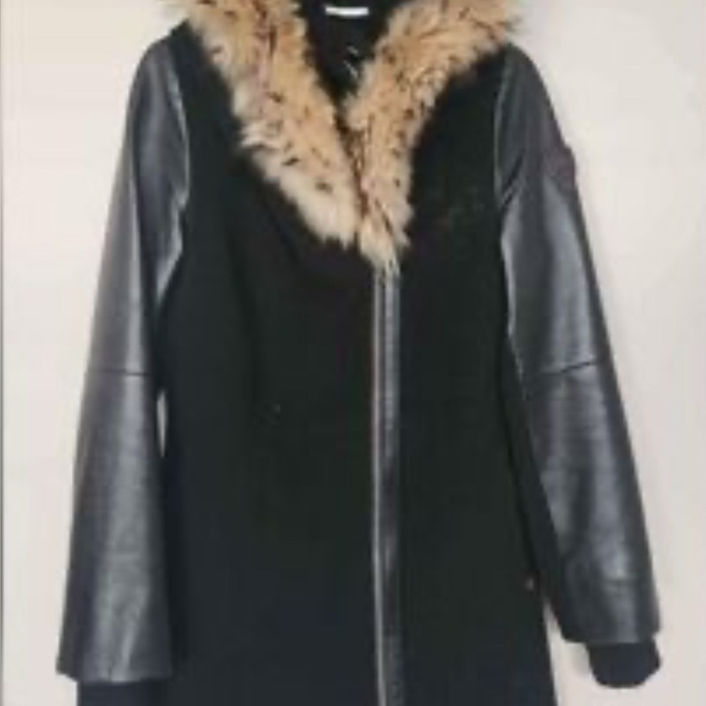 Size Large Black warm winter coat with fur hood double layer SICILY, brown fur L - Picture 8 of 16
